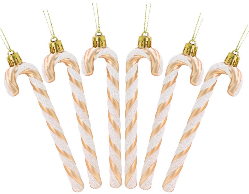 Christmas ConceptsÂ® Pack of 6-13cm Glitter Candy Cane Christmas Tree Decorations/Ornaments (Rose Gold & White) - Image 1